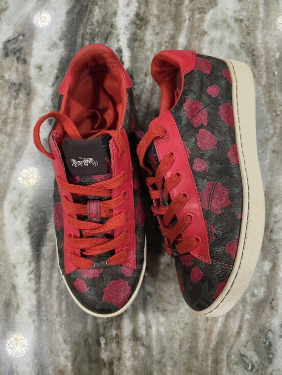 Coach Shoes - Coach Signature C Rose Floral Print Sneakers Red Leather Trim Low Top Women’s 7